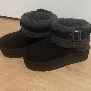 UGG Black and Gray Shearling Platform Boots